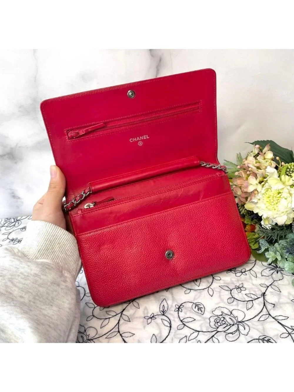 Chanel Chain Wallet Jumbo CC Logo Caviar Leather Red Shoulder Bag
